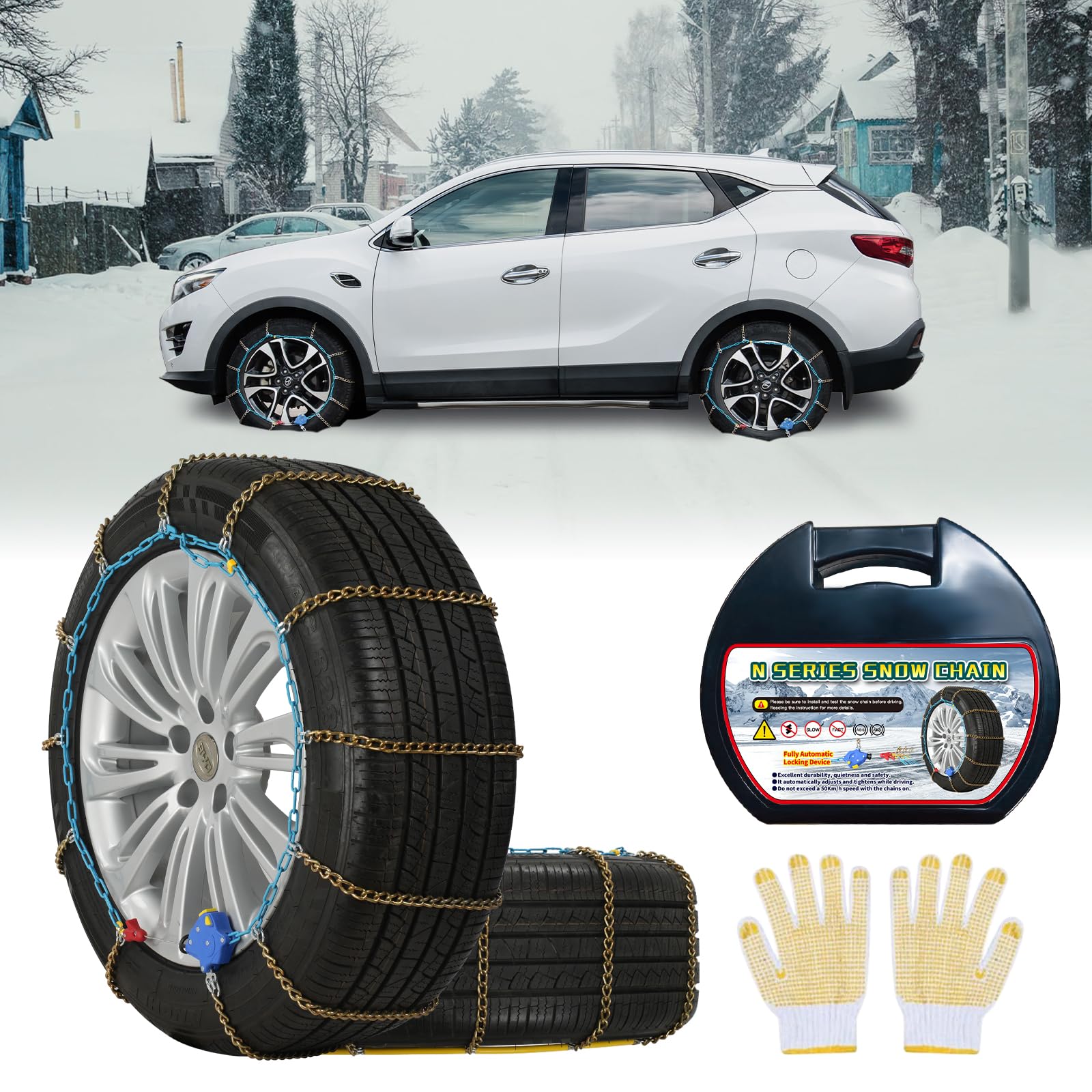 Photo 1 of NEOCHIAEVO Auto Tightening Snow Chains Tire Chains, 1-Minute Quick Install, Twist-Link, Wear-Resistant, Universal for Car/SUV/Pickup Trucks, Multi-Weather Emergency Traction, Set of 2 (HLN-150, 3.9mm)