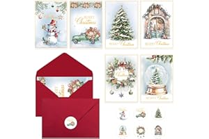 Thboxes 24 Pack Christmas Cards with Envelopes & Stickers, 5 x 7 Inch Holiday Cards Assorted Christmas Card in 6 Designs for Friends Family Coworkers (Watercolor Style)