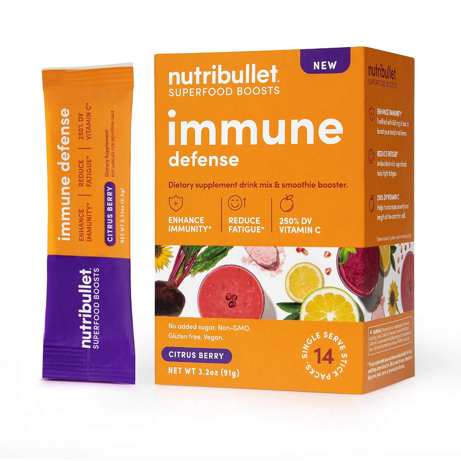 NutriBullet Superfood Boosts Immune Defense (with adaptogenic rishi mushrooms, vitamin C, Zinc, Echinacea), Citrus Berry, 14 Stick Packs, Single Serve
