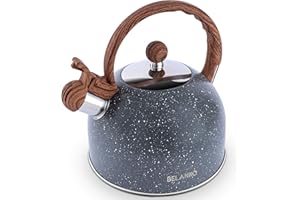Tea Kettle, 2.3 Quart / 2.5 Liter BELANKO Stainless Steel Tea Kettles, Food Grade Stovetops Tea pot with Wood Pattern Handle Loud Whistling for Tea, Coffee, Milk etc, Gas Electric Applicable - Gray