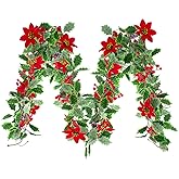 3 Pack Christmas Poinsettia Garland 25.5 Feet Artificial Poinsettia Flower Vines with Green Holly Leaves & Red Berries for Xmas Tree, Fireplace, Staircase, Home Deck Holiday Decorations