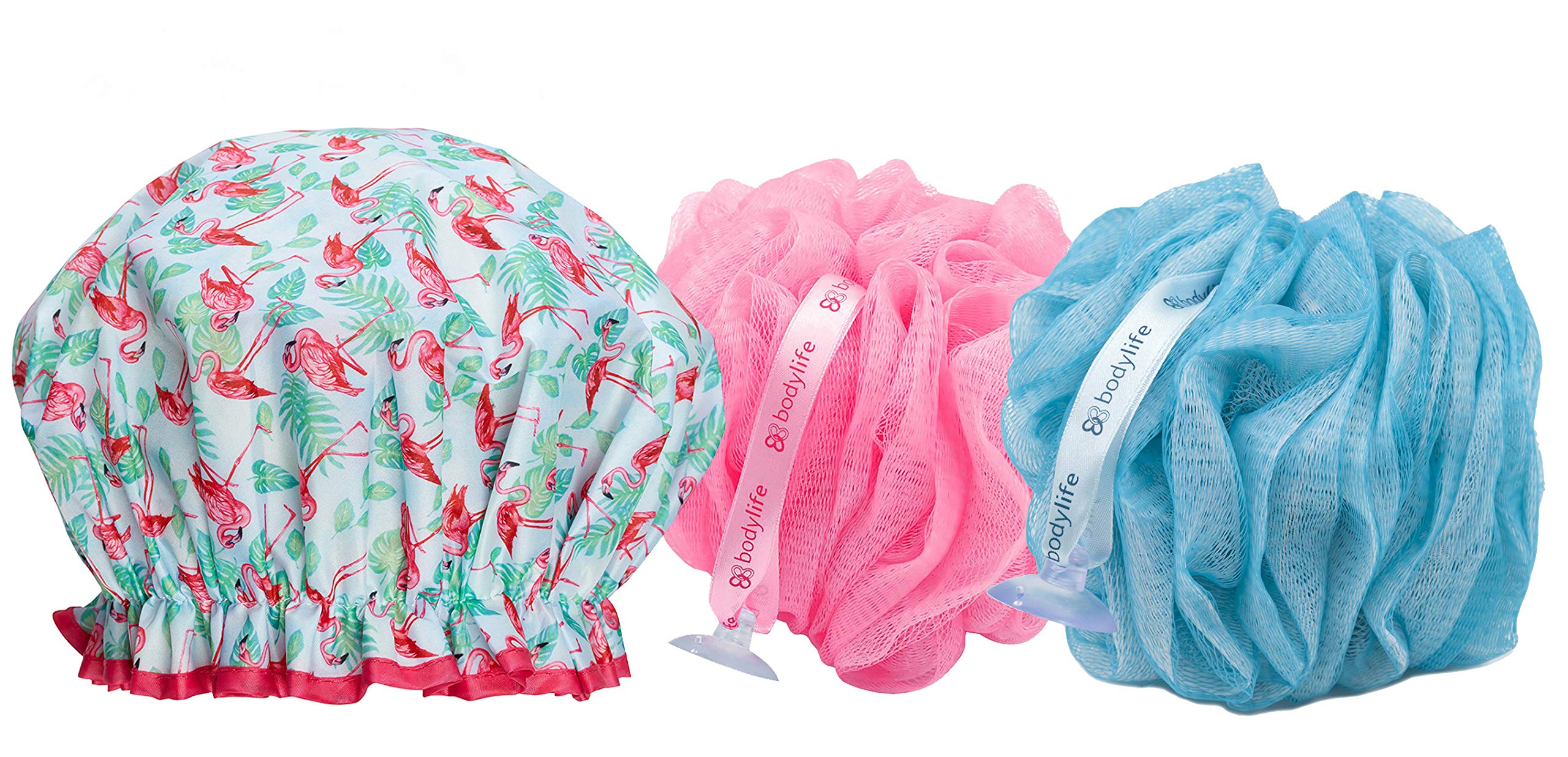 Bodylife Flamenco Flamingo Shower Cap With Pink & Blue Bath Scrunchie