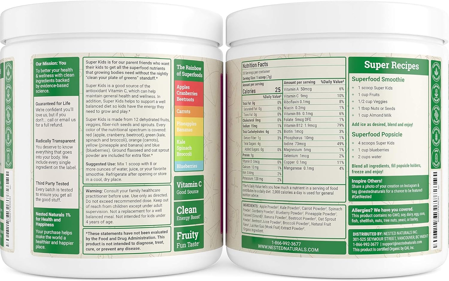 Nested Naturals Super Kids 100 USDA Organic Vegan Superfood Powder