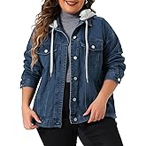 Agnes Orinda Women's Plus Size Denim Jacket with Detachable Hood Oversized Jean Shacket Jackets with Pockets