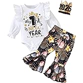 WIQI My First New Years Baby Girl Outfit Ruffle Baby Romper + Printed Flare Pants + 2026 Hat 3Pcs Outfit Set