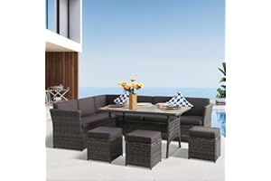 YOCONYO Patio Furniture Set, 7 Pieces Outdoor Dining Sets, All Weather Rattan Conversation Set, Outdoor Dining Sectional Sofa with Large Dining Table, Ottoman (Grey-Drak Grey, A-7 Pieces)