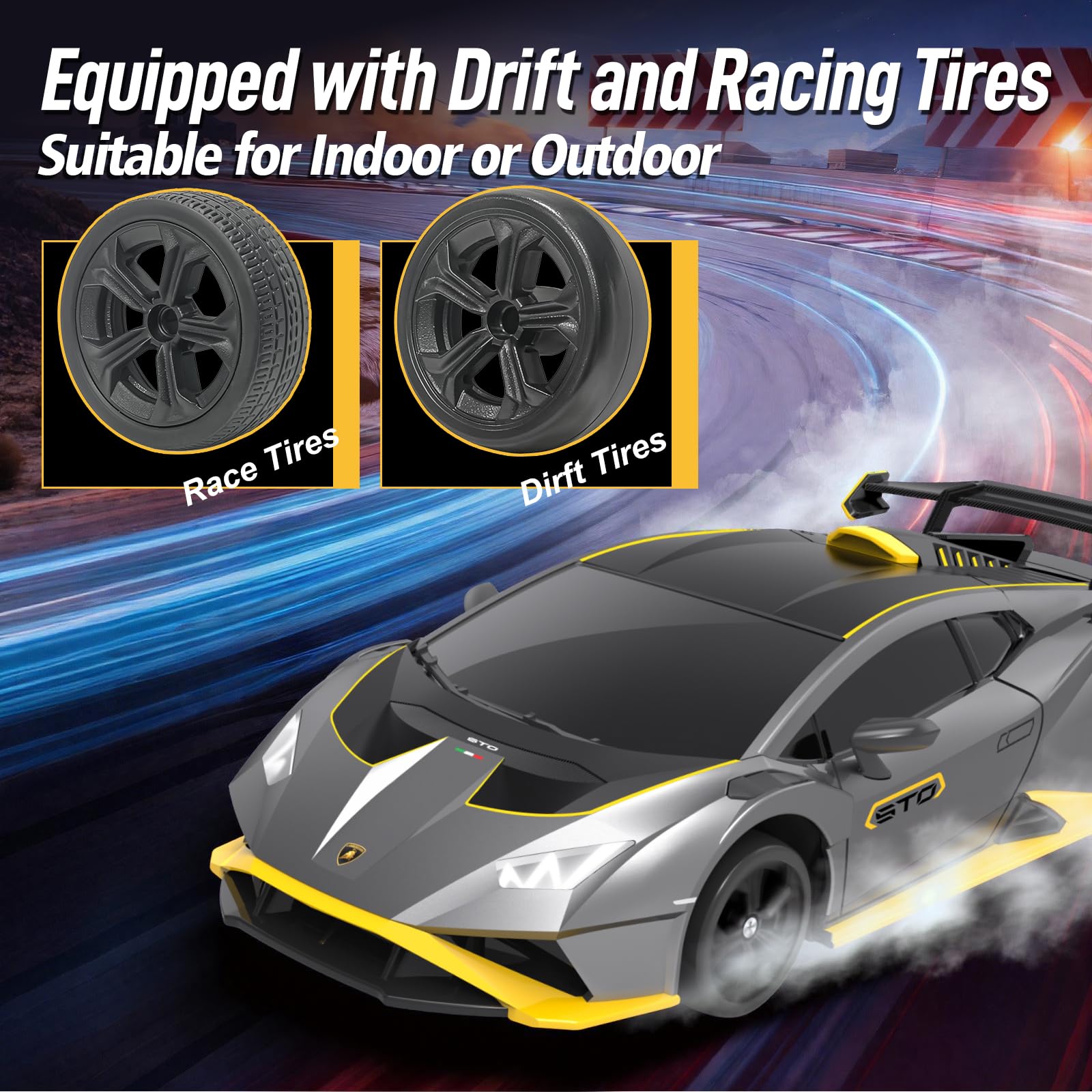 YONCHER RC Ferngesteuertes Auto Drift, Lamborghini Offiziell Lizenziert, 1:24 20KM/H 4WD RC Drift Car, RC Auto mit Leuchten, für ab 4,5,6,7,8 + Jahre Kinder und Erwachsene, Grau 5