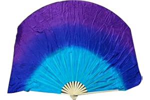 Winged Sirenny Large Single Belly Dance Silk Flutter, 45in Wide Short Silk Fan Veil Right Hand(turquoise-blue-purple)