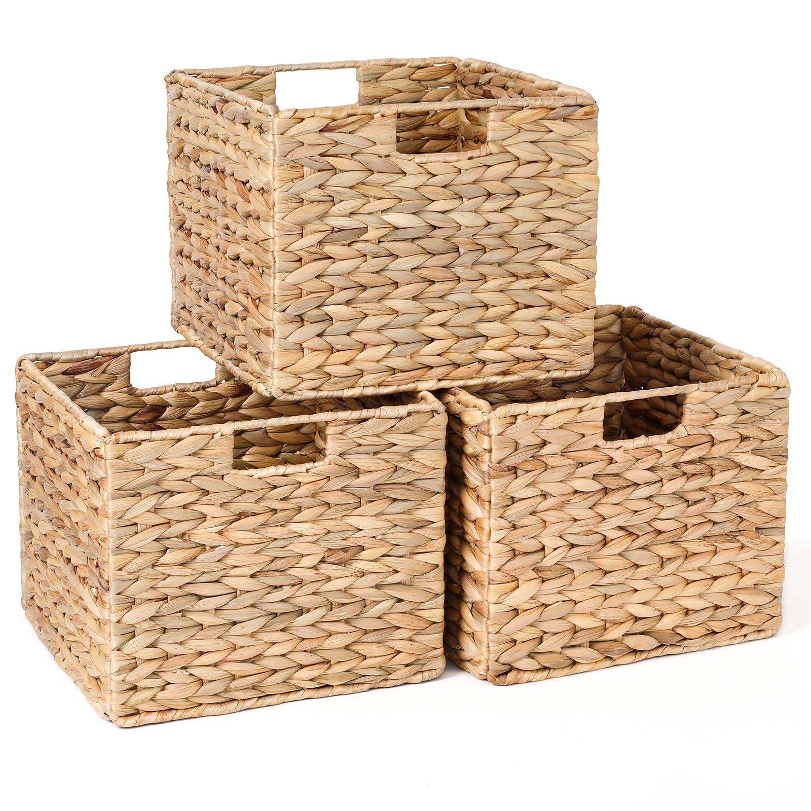 Photo 1 of Water Hyacinth Storage Baskets, 12X12X10in Wicker Storage Cubes Set of 3, Kitchen Baskets for Pantry Organization, Foldable Square Baskets for IKEA Kallax