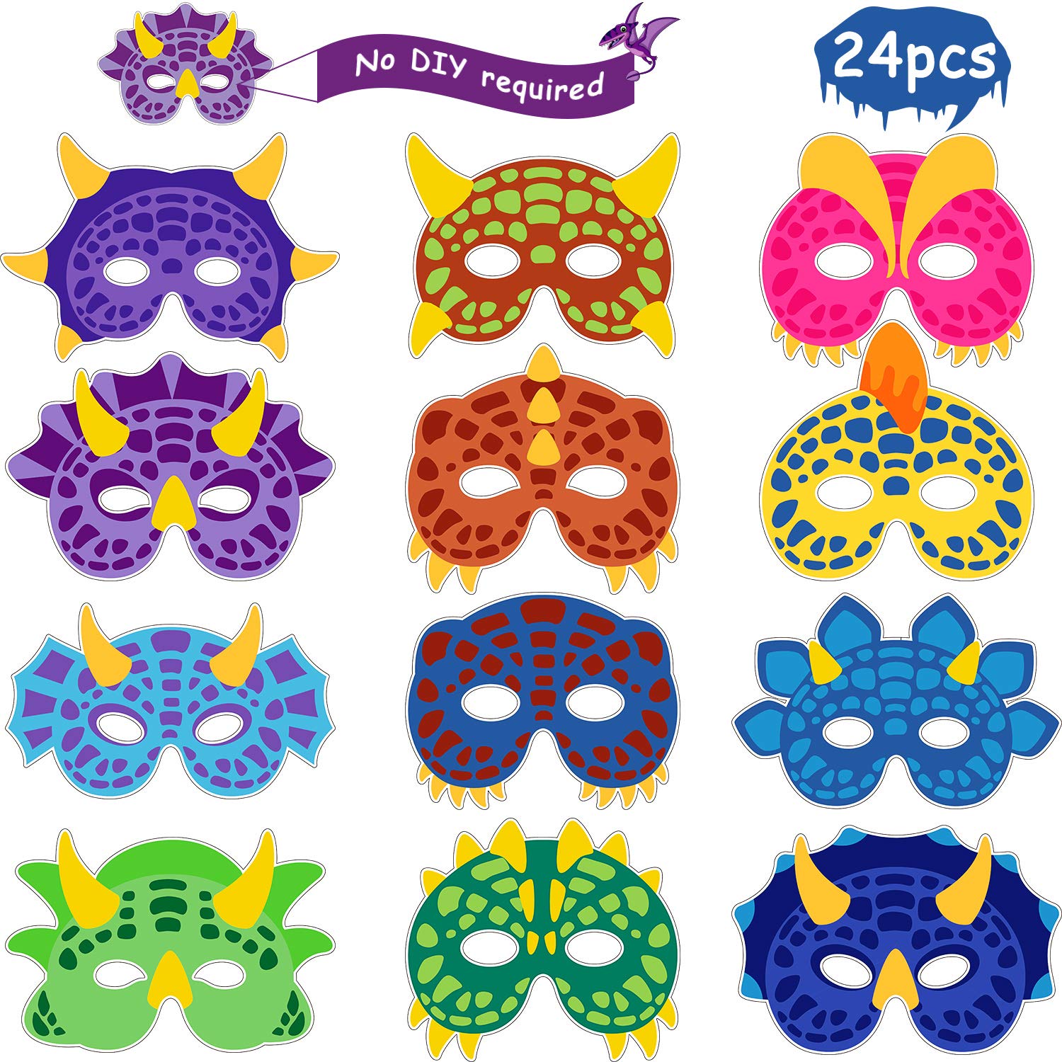 24 Dinosaur Masks - 12 Types for Kid's Birthday, Halloween & Party Supplies