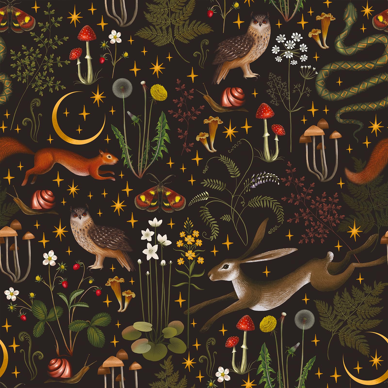 VEELIKE Black Animal Wallpaper Jungle Tropical Leaf Contact Paper Mushroom Sticky Back Plastic Rabbit Fox Bird Wall Mural Vintage Black Floral Wallpaper for Bedroom Kitchen Cabinet Cover 44.5cm×300cm