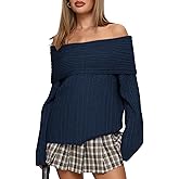 COCCKO Womens Off The Shoulder Sweater Top Long Sleeve Fall Batwing Boat Neck Knit Sexy Casual Pullover