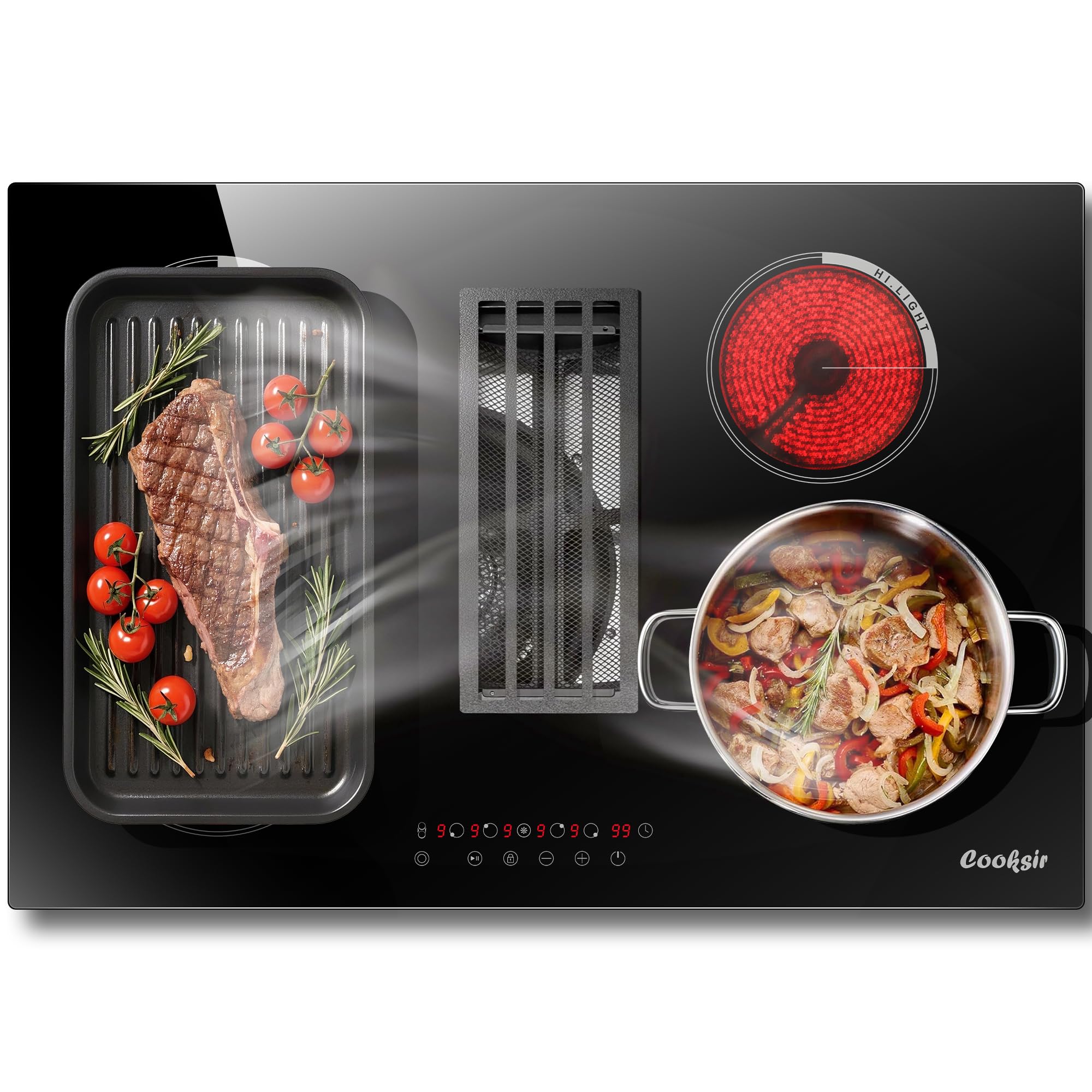 Photo 1 of Cooksir 30 Inch Electric Cooktop with Ductless Downdraft - 4 Burner Built-in Stove 7400W, 30" Electric Stove Downdraft Range Hood 135W, Timer, Safety Lock, 220V Hard Wired, Recirculating Air Vent