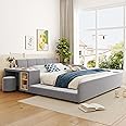 Velvet Upholstered Grounded Platform Bed, Wooden Queen Size Mother & Child Bed Frame with Bedside Desk and Little Round Stool, Kids Adults Bedroom Furniture Floor Bed Platform Bed (Gray)