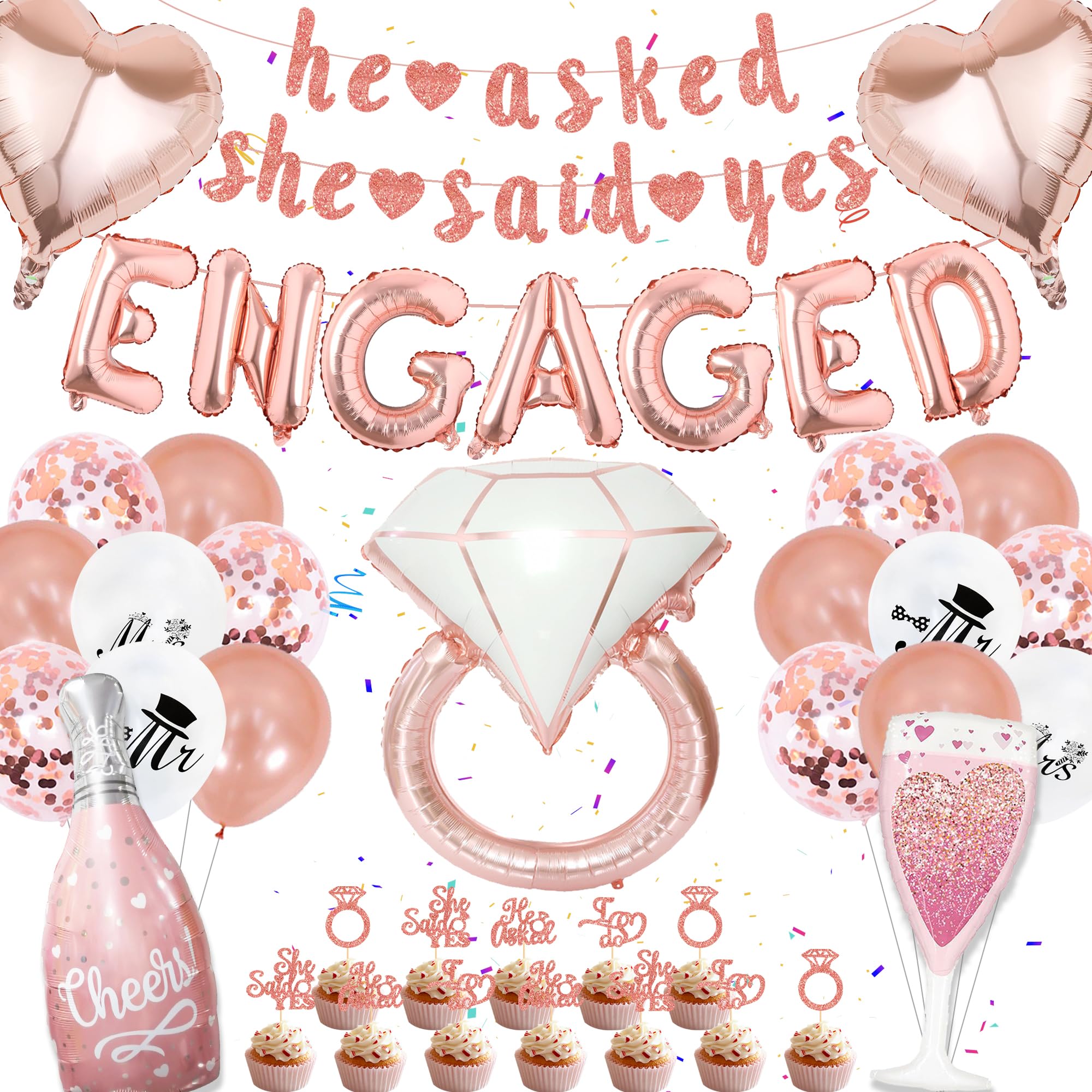 FeteDecor Engagement Party Decorations - Rose Gold Engagement Balloons, She Said Yes Banner, Ring Balloons, Cupcake Topper, Engagement Wedding Party Supplies