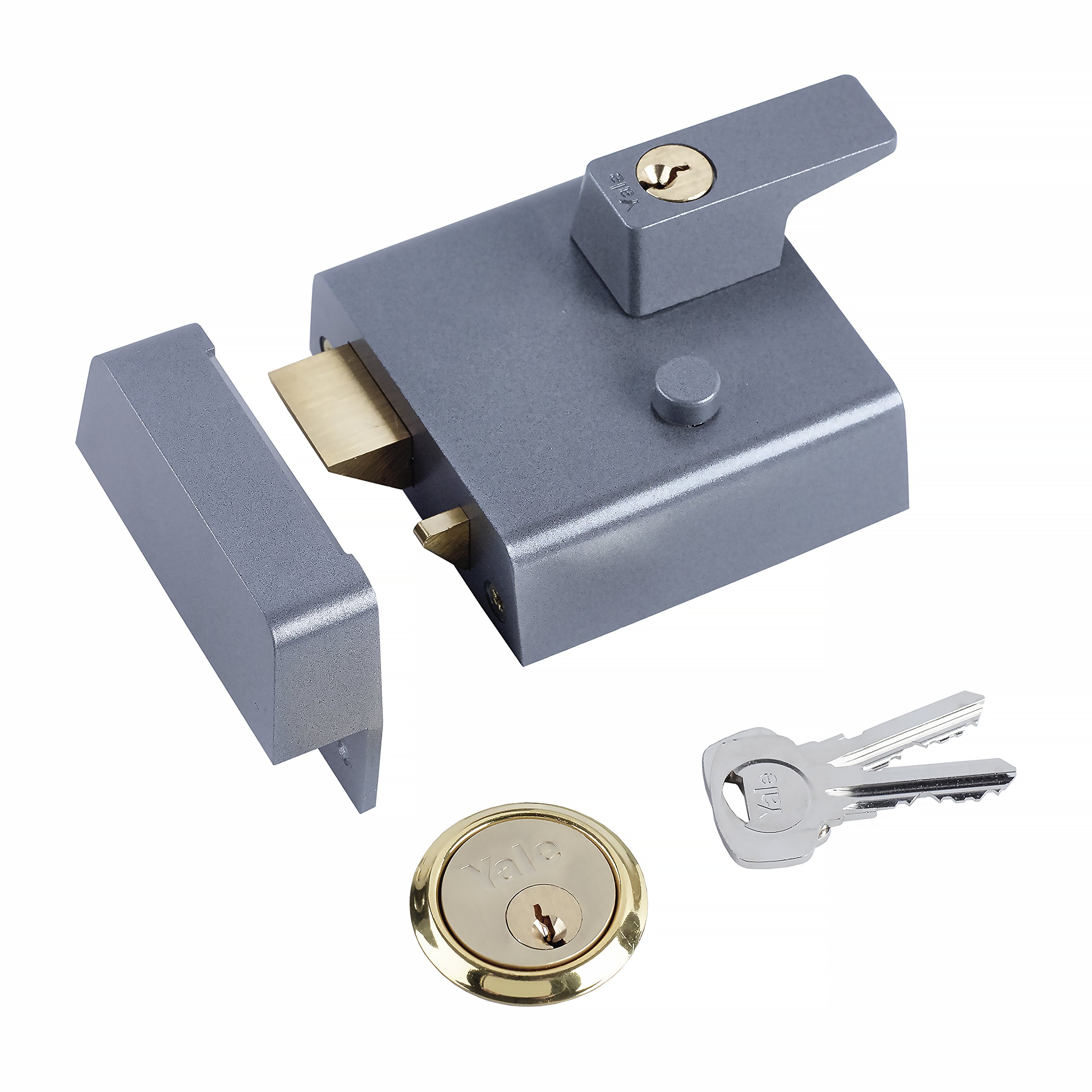Yale P-1-DMG-PB-60 Double Locking Nightlatch, 60 mm Backset, High Security, can be Locked from Inside with Key, Dark Metallic Finish/Polished Brass Cylinder