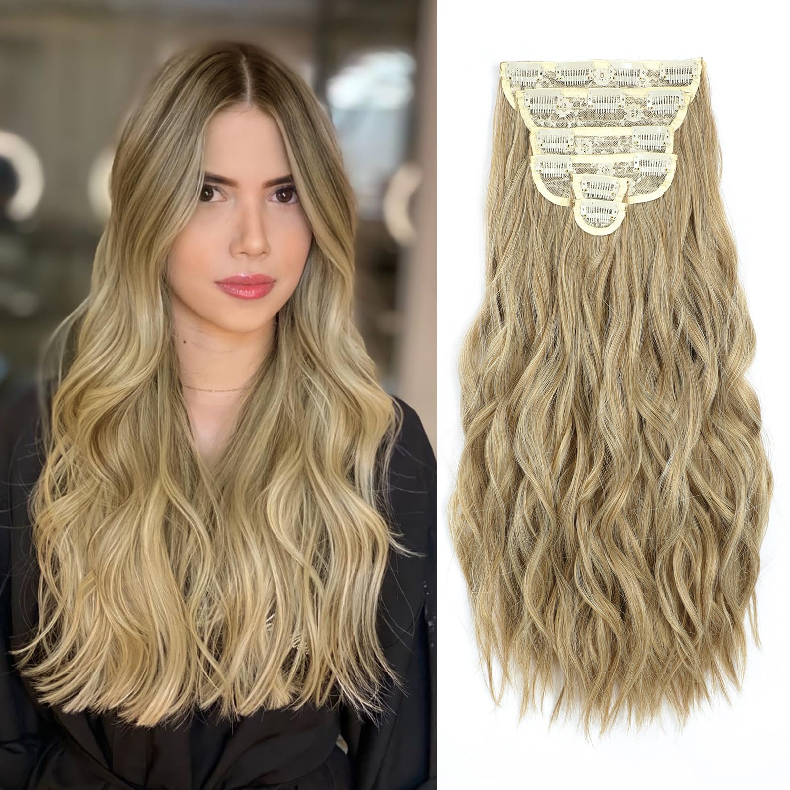 Photo 1 of Fliace Clip in Hair Extensions, 6 PCS Natural & Soft Hair & Blends Well Hair Extensions, Long Wavy Hairpieces(24inch, 6pcs,Mixed Dirty Blonde)