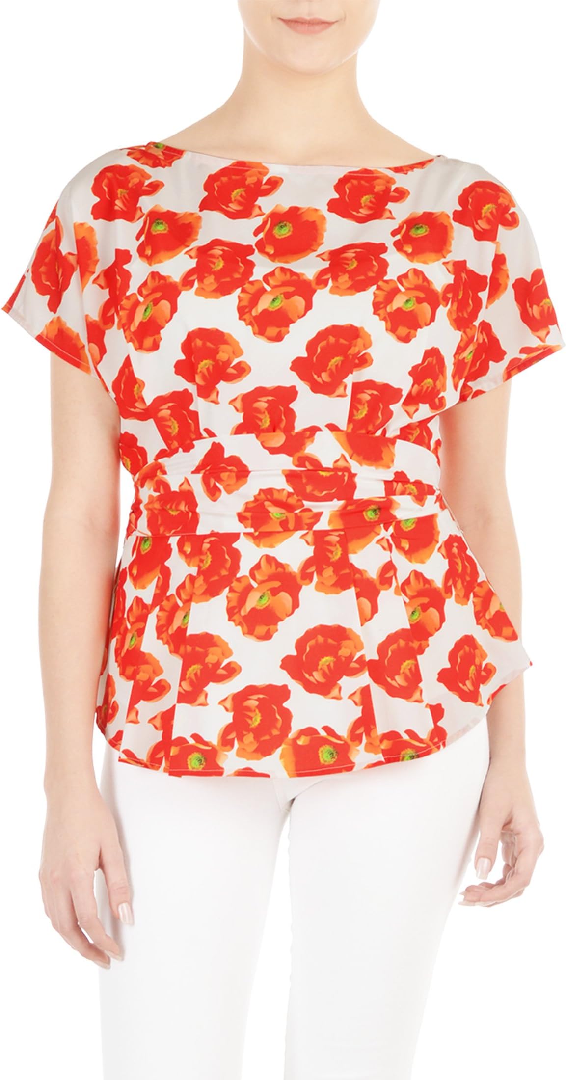 eShakti Women's Custom Floral print sash waist peplum blouse Off-white/orange/red