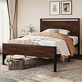 SHA CERLIN 14 Inch Twin Size Metal Platform Bed Frame with Wooden Headboard and Footboard, Mattress Foundation, No Box Spring Needed, Large Under Bed Storage, Heavy Duty Slats Support, Mahogany