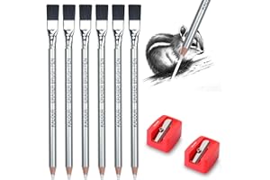 KALOUR Detail Eraser Pencil - 6pc Eraser Pencils with Brush and 2pc Sharpener,Erasing Small Details or add Highlights for Ske