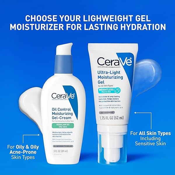 CERAVE ULTRA-LIGHT MOISTURIZING GEL, HYDRATING GEL FACE MOISTURIZER FOR MEN & FOR WOMEN WITH CERAMIDES, NIACINAMIDE, HYALURONIC ACID, FRAGRANCE FREE, OIL-FREE, MATTIFYING MOISTURIZER, 1.75 FL OZ