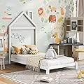 GLANZEND Twin Size Kids Bed Wood House Shaped Low Beds, Platform-Bed Frame with Chimney Design for Girls Boys, No Box Spring Needed, Easy Assemble, for Bedroom, Children's Room, White