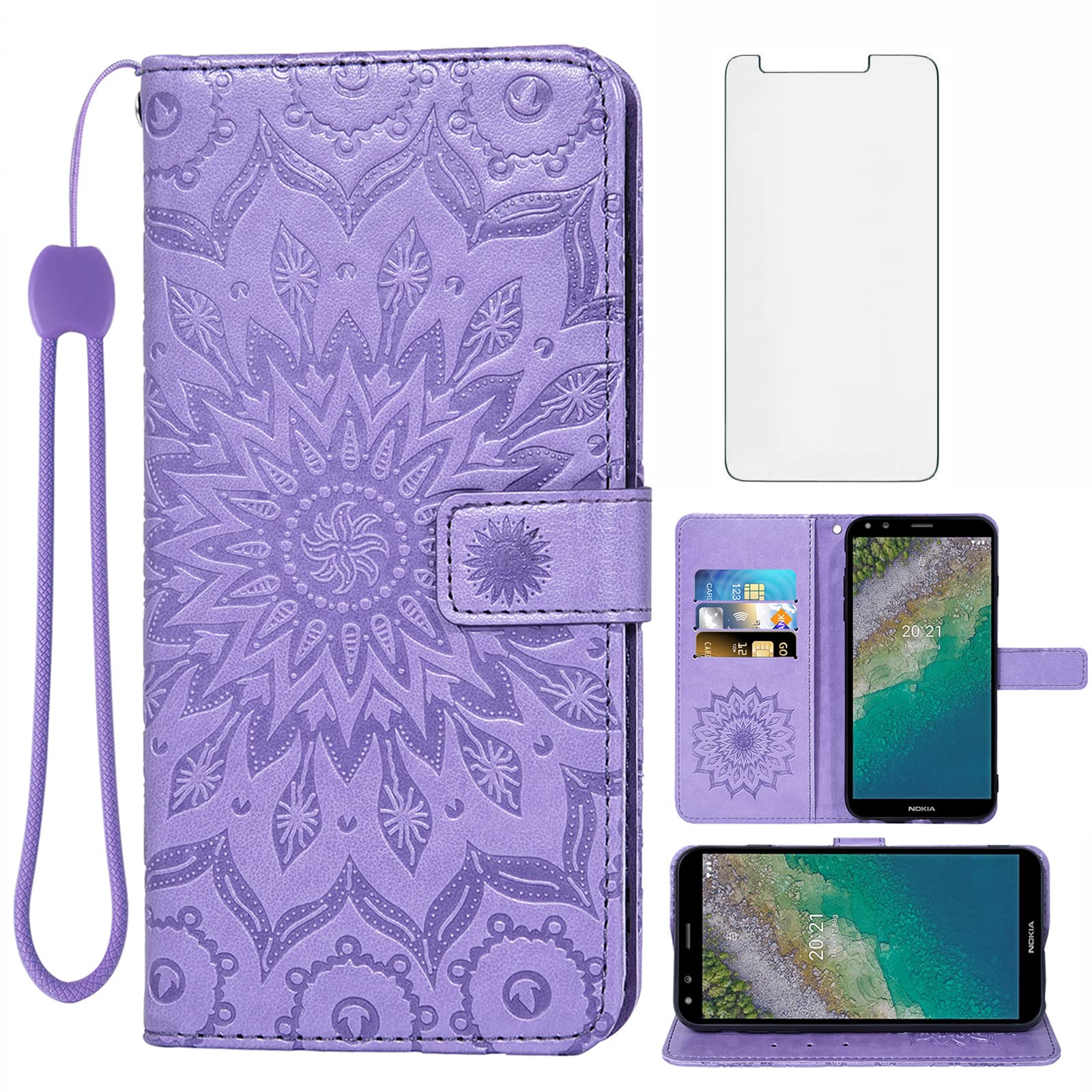 Asuwish Phone Case for Nokia C01 Plus Wallet with Tempered Glass Screen Protector and Sunflower Leather Slim Flip Cover Card Holder Stand Cell Accessories NokiaC01 C01Plus (5.45") Women Purple