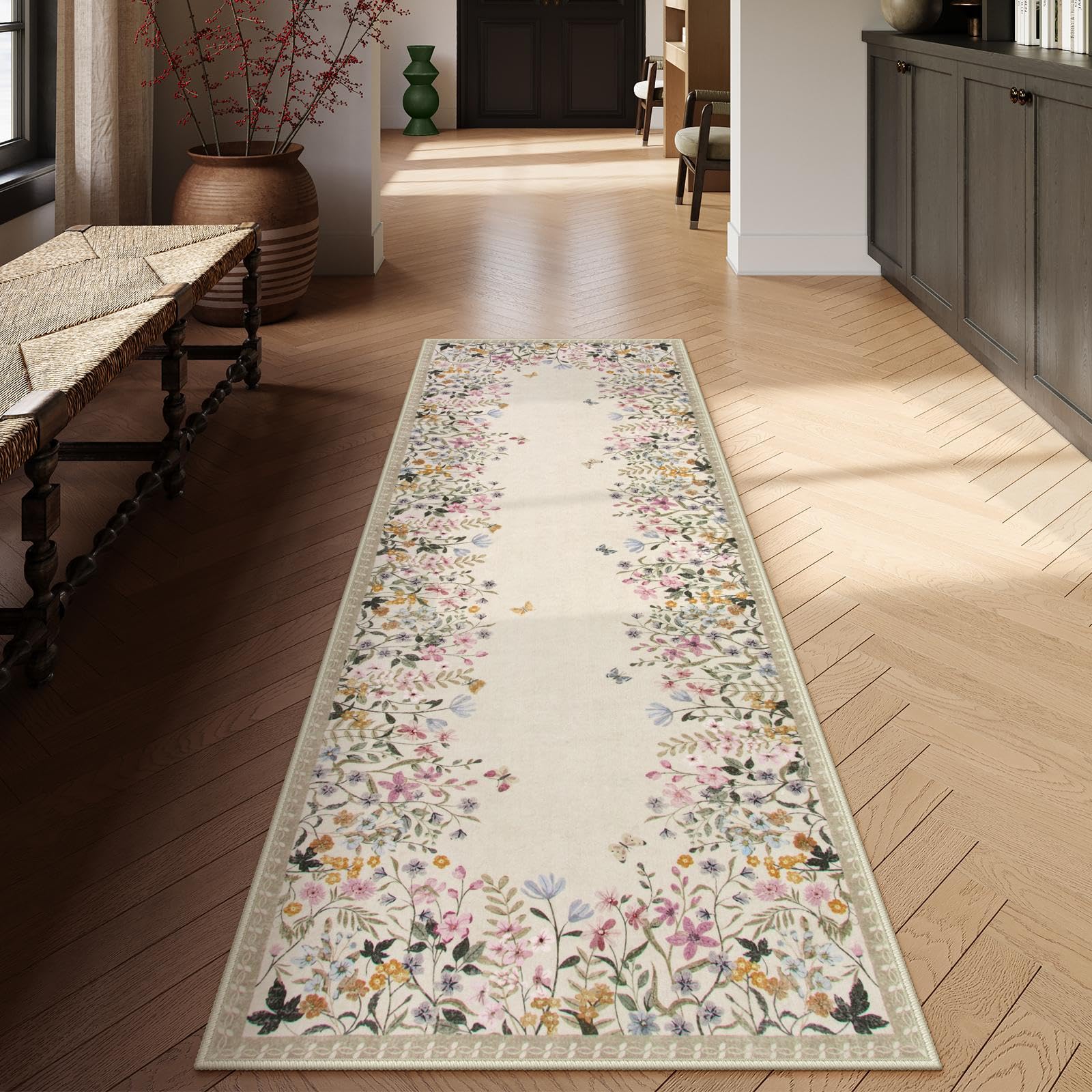 Photo 1 of Lahome Boho 2'6"x8 Beige Hallway Runner Rug, Floral Kitchen Runner Rugs Non Skid Washable Bathroom Carpet Runners, Soft Non-Slip Indoor Rug Runners for Entryway Laundry Bedroom (Beige,2'6"x8)