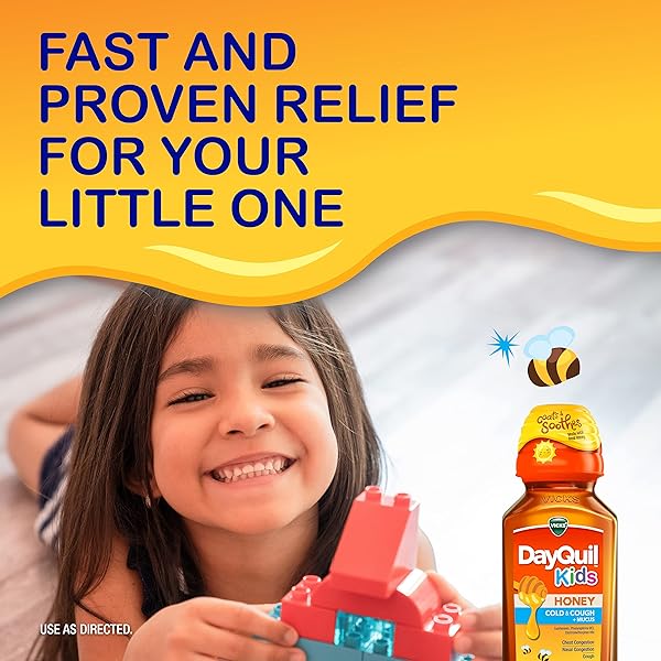 VICKS DAYQUIL KIDS COLD AND COUGH + MUCUS RELIEF MADE WITH REAL HONEY FOR KIDS 6+ TASTES GREAT 8OZ