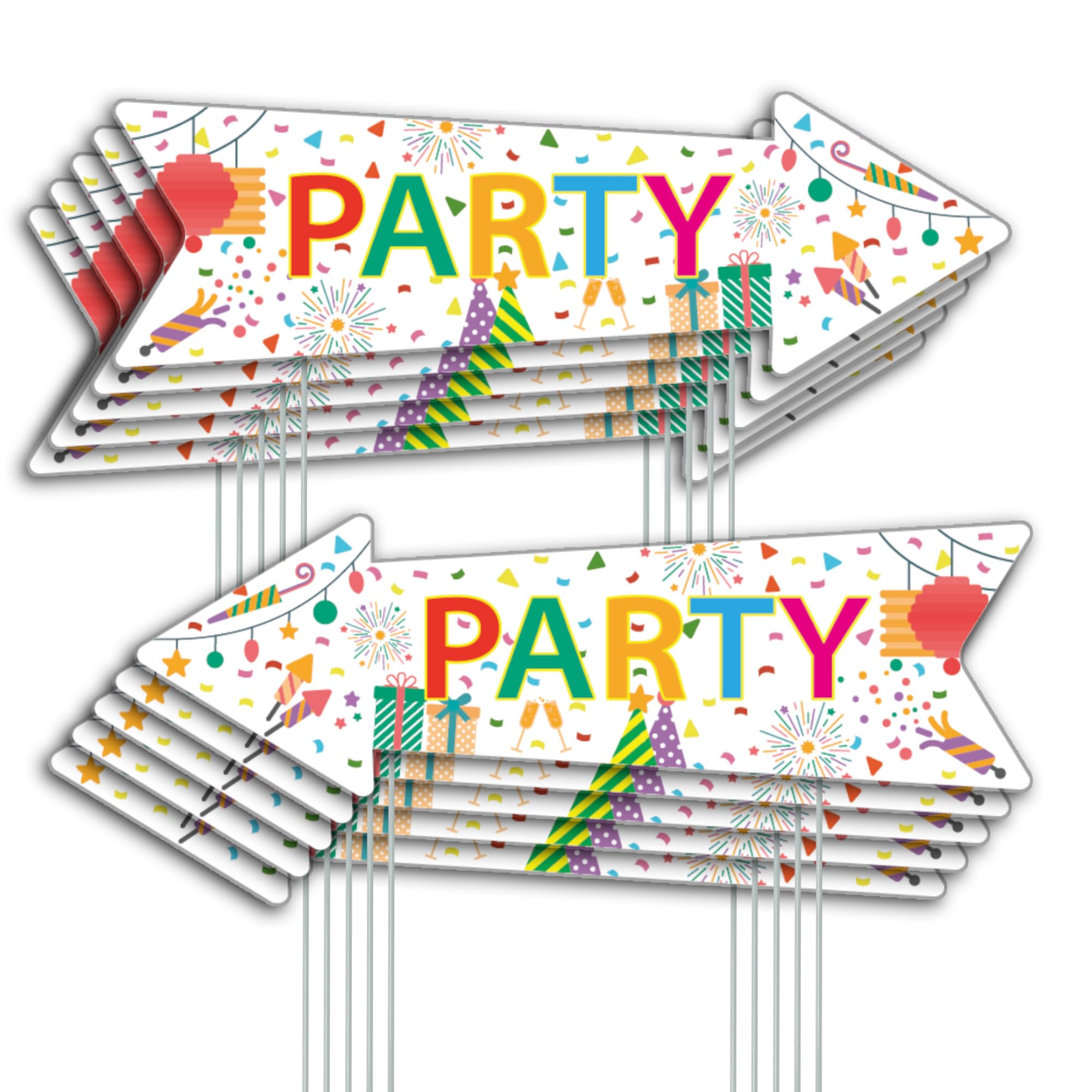 Photo 1 of Party Signs with Stakes, 16 Inches by 5 Inches - Double Sided Signs - Corrugated Plastic - Colorful Birthday Party This Way Sign with Arrow for Yard Outdoors. (10)
