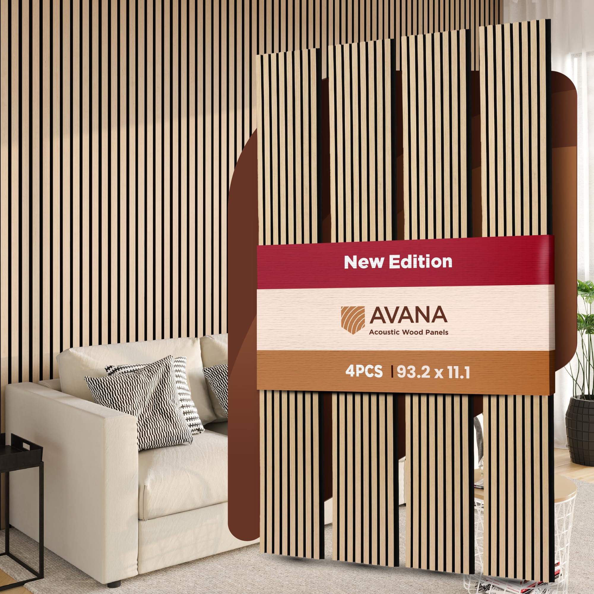 Photo 1 of *Box damaged* Avana Acoustic Wood Wall Panels – 93.2x11.25 Inch Panels – Fits 94x12 Layout – White Oak Acoustic Panels 4 PCs – Wall Panels for Interior Wall Decor for Homes, Offices – Design Wood Panels for Wall