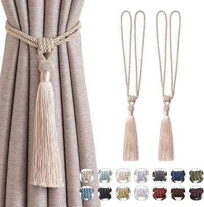 Pretty Jolly 2 Pack Long Tassel Curtain Tiebacks Dark Beige Handmade Braided
