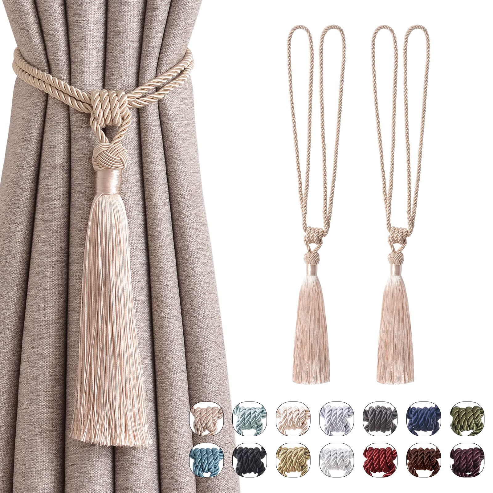 Pretty Jolly 2 Pack Long Tassel Curtain Tiebacks Handmade Braided Rope Knot Drape Tie Backs European Style Decorative Curtain Holdbacks for Home & Office Window Drapery (Dark Beige)
