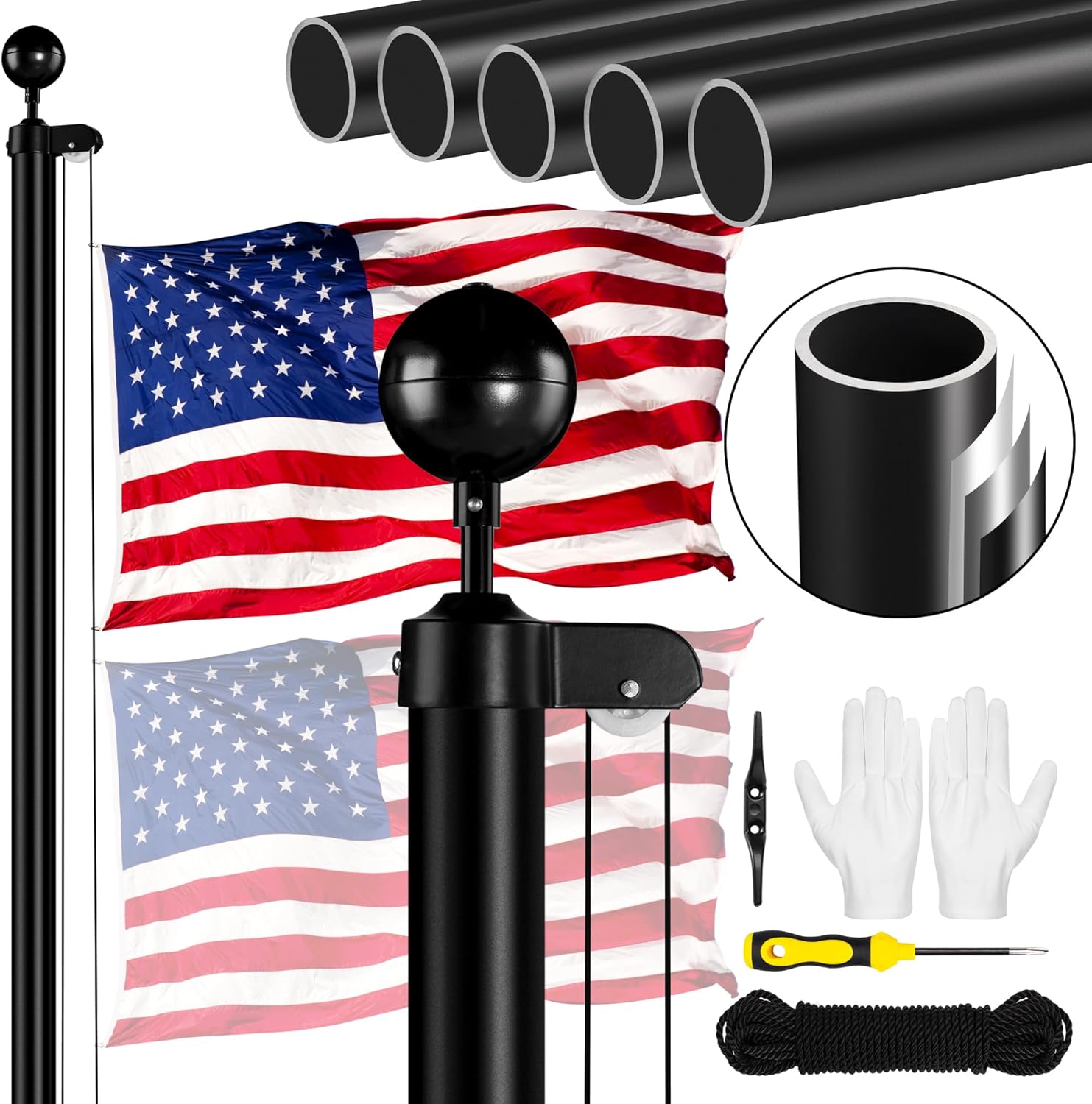 Flagpole Hardware - XIFAN Flag Pole Kit for Outside, 20 FT 13 Gauge Heavy Duty Aluminum Flagpole for Outdoor House in Ground, with Spun Polyester 3x5 ft American Flag for Garden Yard, Residential or Commercial (Black)
