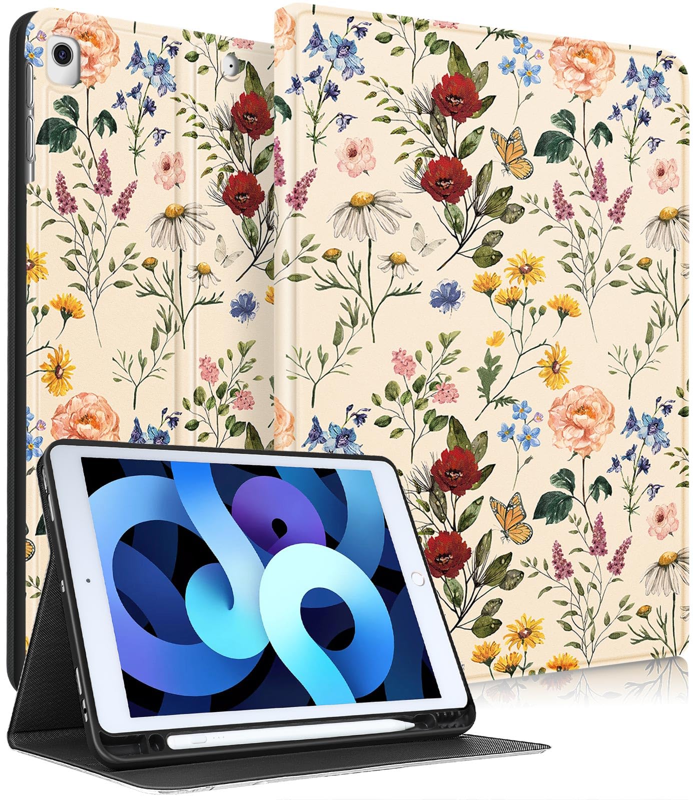 Pegmode for iPad 9th/8th/7th Generation Case Women Girls Cute Flower Folio Cover Girly Pretty Kawaii Floral Design With Pencil Holder Smart Cover for Apple iPad 9/8/7 Gen Cases A2602 A2270 A2197