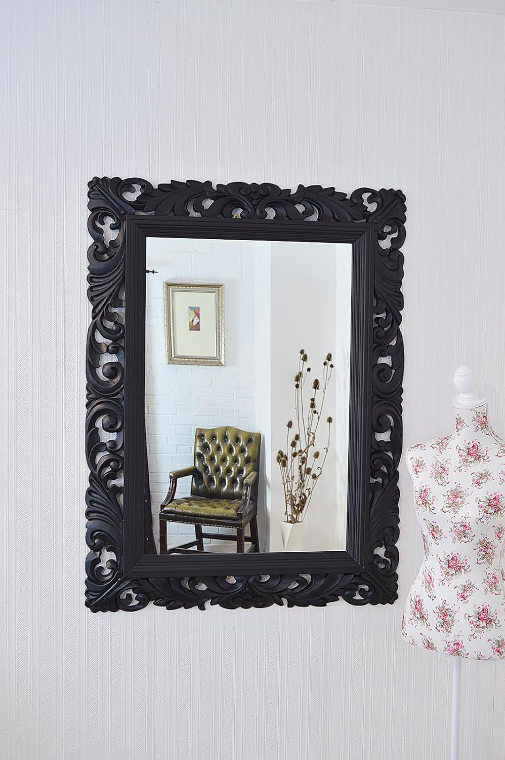 Large Black Mirror Carved Solid Wood Frame Beautiful Antique Design 4FT