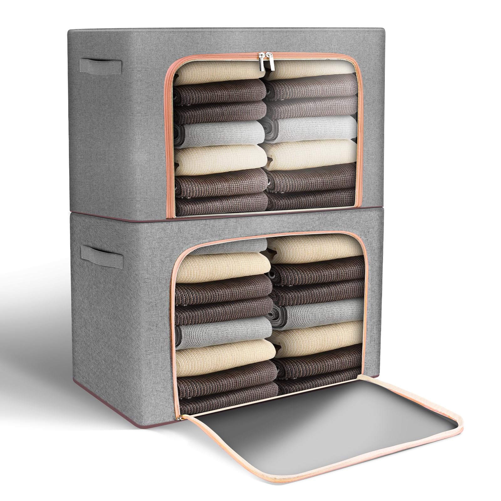 ZONJIE 2 Pack Clothes Storage Bags - 66L Large Capacity Clothing & Wardrobe Storage Bags with Zip and Lid, Thick Oxford Fabric Stacking Storage Boxes Clothes Storage for Duvet Baby Clothes (2, 66L)