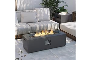 UPHA 42-inch Outdoor Propane Gas Fire Pit Table 50000 BTU Iron Rectangle FirePit for Outside Patio with Tank Hidden Table, Wind Guard, Removable Lid, Lava Rocks, Rain Cover, Grey