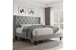 iPormis Queen Size Platform Bed Frame with Button Tufted Headboard, Upholstered Bed Frame with Solid Wooden Slats, 8" Underbed Space, No Box Spring Needed, Noise Free, Easy Assembly, Light Gray
