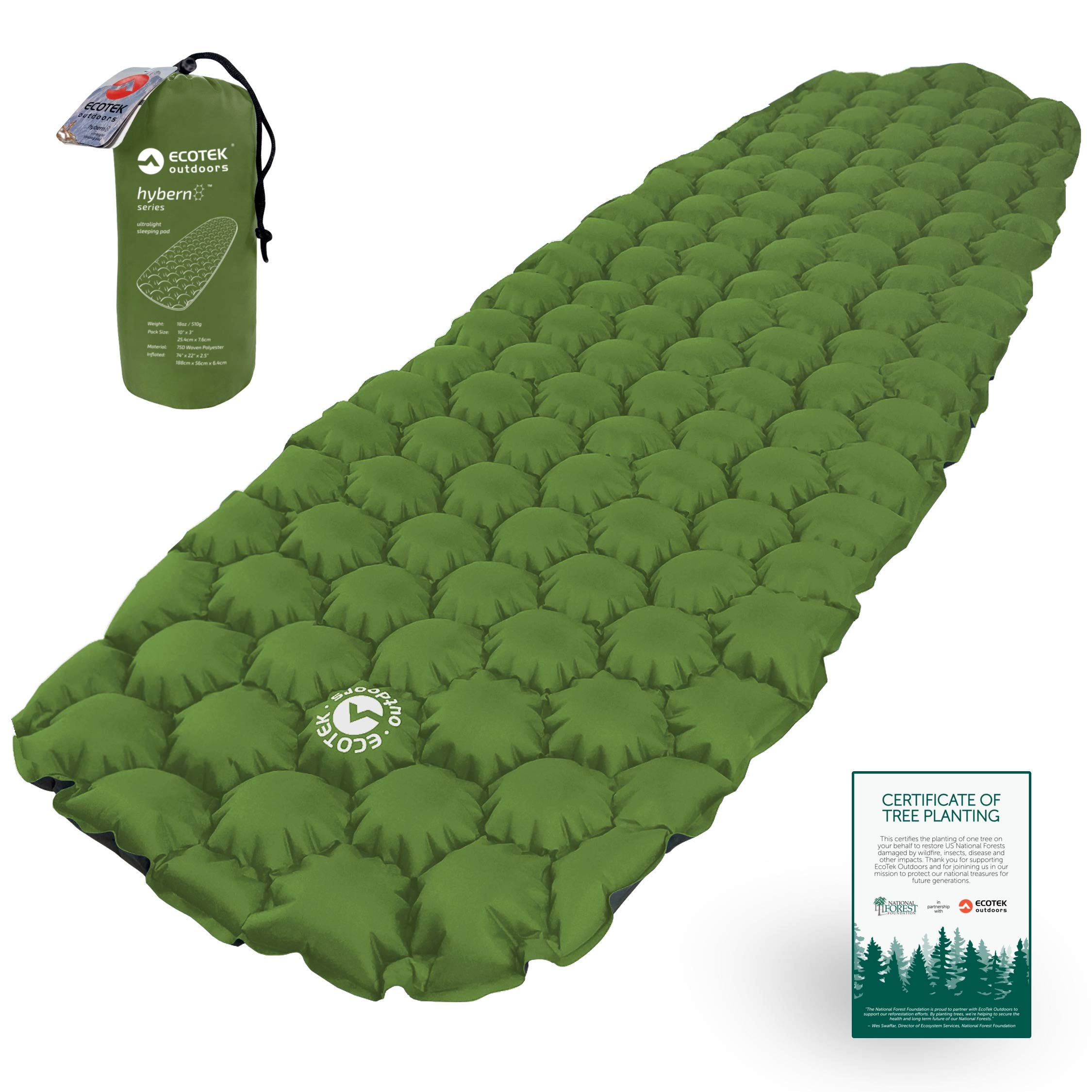 Ecotek Outdoors Hybern8 Ultralight Inflatable Sleeping Pad for Hiking Backpacking and Camping - Contoured FlexCell Design - Perfect for Sleeping Bags and Hammocks (Evergreen)