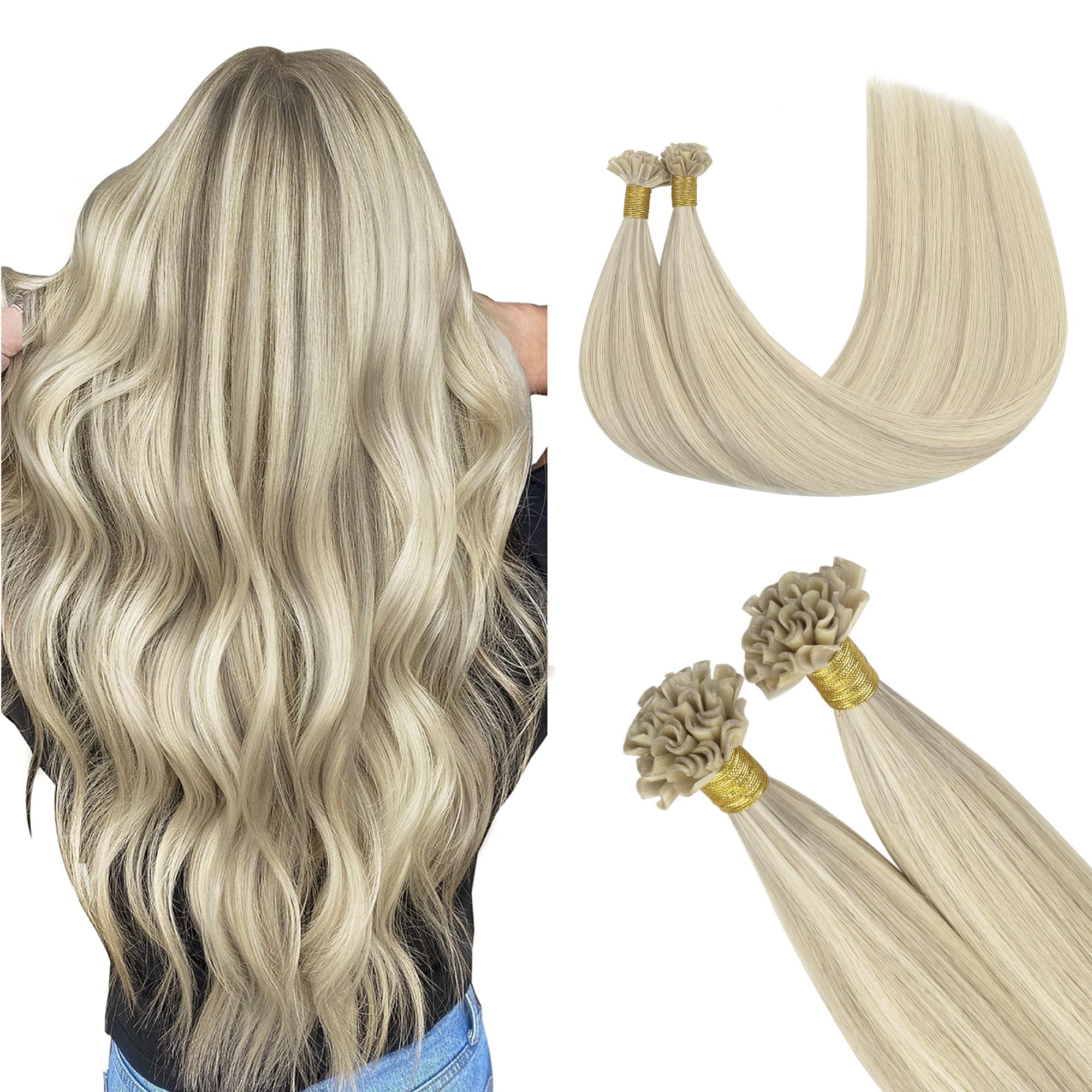 GOO GOO U Tip Hair Extensions Real Human Hair,Ash Blonde Highlighted Platinum Blonde 50g 14inch 50 Strands Hot Fusion Keratin Hair Extensions, Straight — image 1