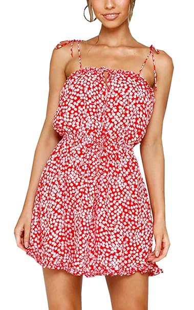SPec4Y Damen Kleid Spaghettiträger Sommerkleid Schulterfrei Strandkleider Boho Minikleid