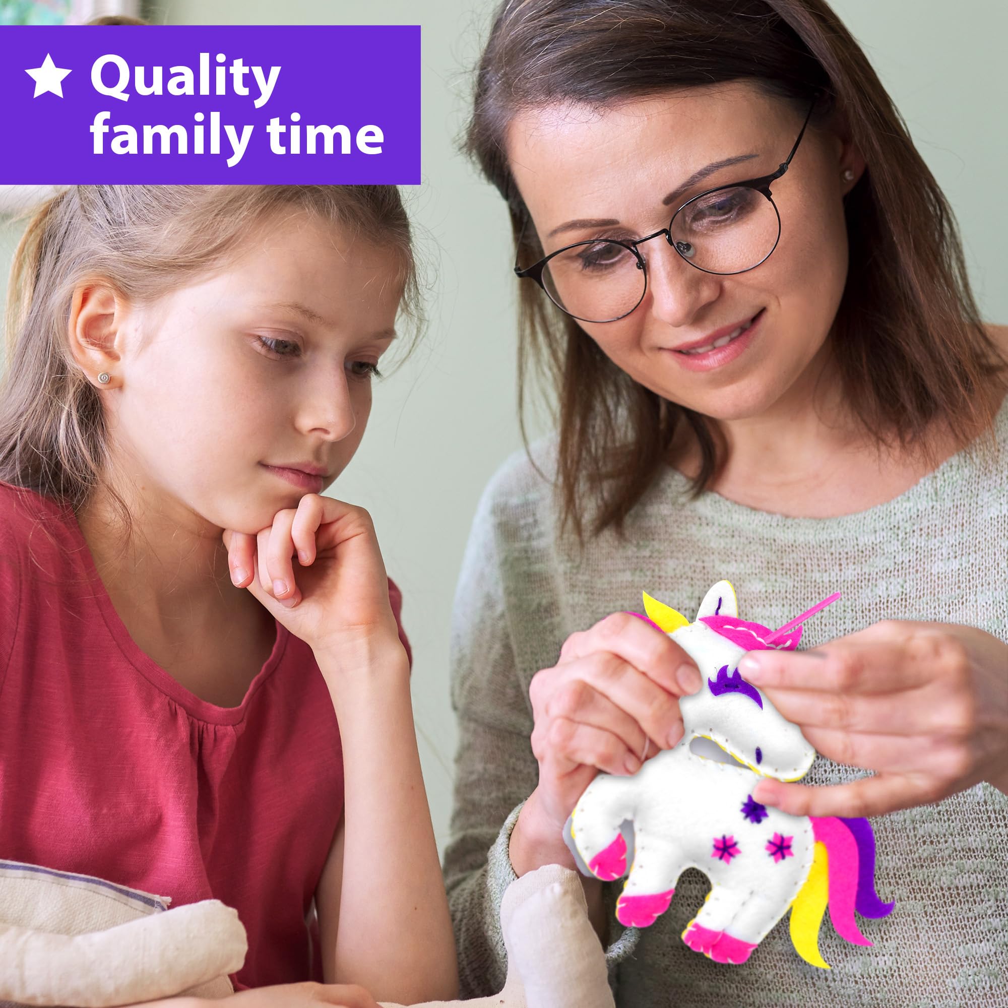 KRAFUN Unicorn Sewing Keyring Kit for Kids Age 7 8 9 10 11 12 Learn Art & Craft, Includes 6 Stuffed Animal Bear, Dog, Rabbit, Raccoon, Owl Dolls, Instruction & Felt Materials