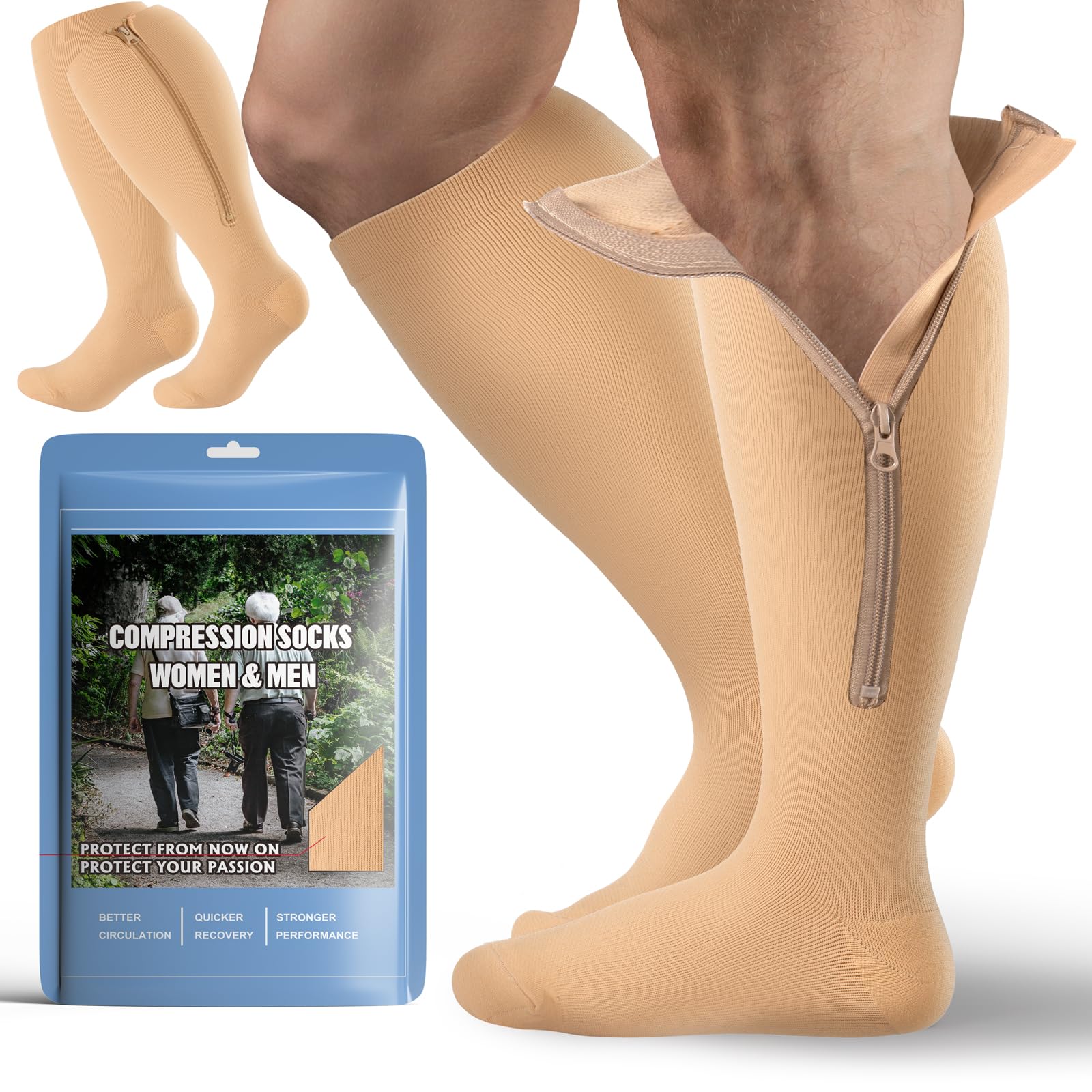 Photo 1 of 2 Pair Plus Size Closed Toe Compression Socks with Zipper, Compression Stockings for Overweight Women Men 15-20 mmHg