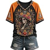 Dia De Los Muertos Costume, Day of The Dead Shirt Halloween Skeleton Tshirt | Day Of The Dead Costumes For Women Mexican Festival V-Neck Tees Colorful Skull Floral Print Mexico Tops Graphic Tunics