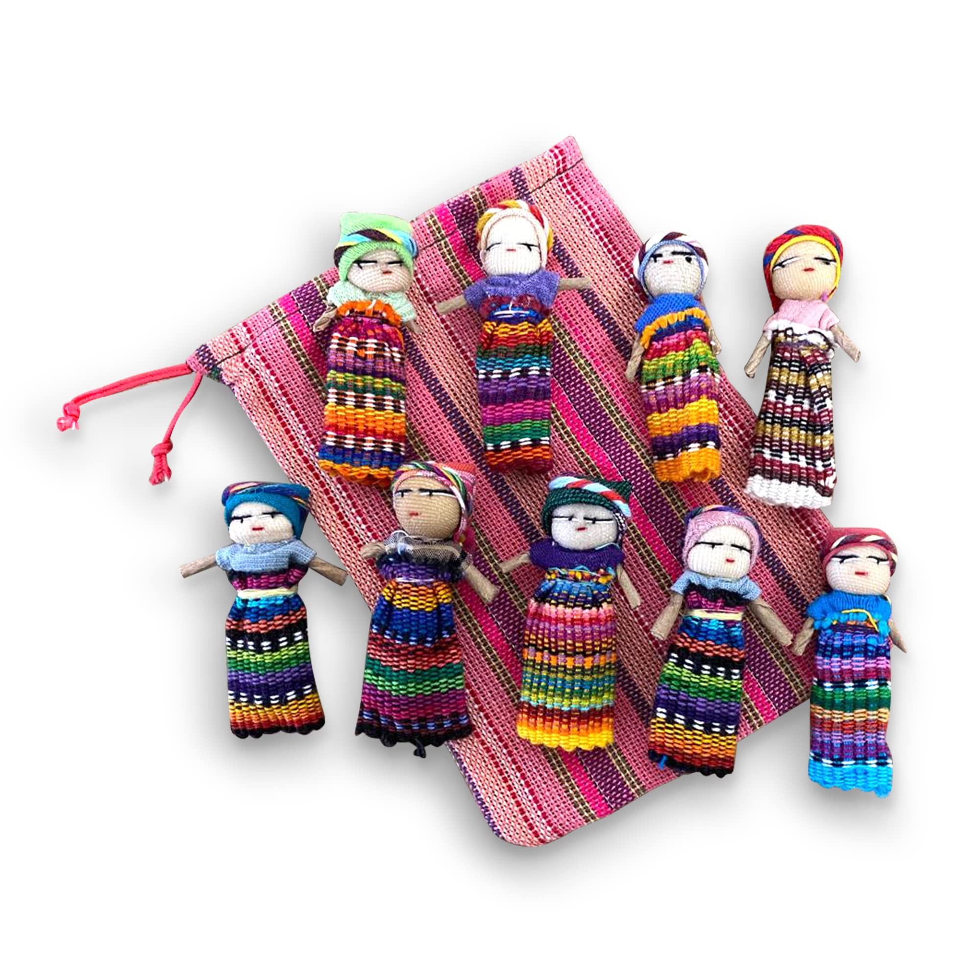 Thorness Set of 9 Guatemalan Handmade Worry Dolls with Colourful Crafted Storage Bag