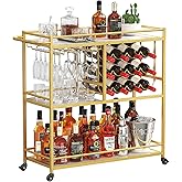 Lifewit Bar Cart for The Home, 3 Tier Drink Cart with Lockable Wheels, 12 Wine Rack and 3 Rows Glass Holders, Liquor Serving 