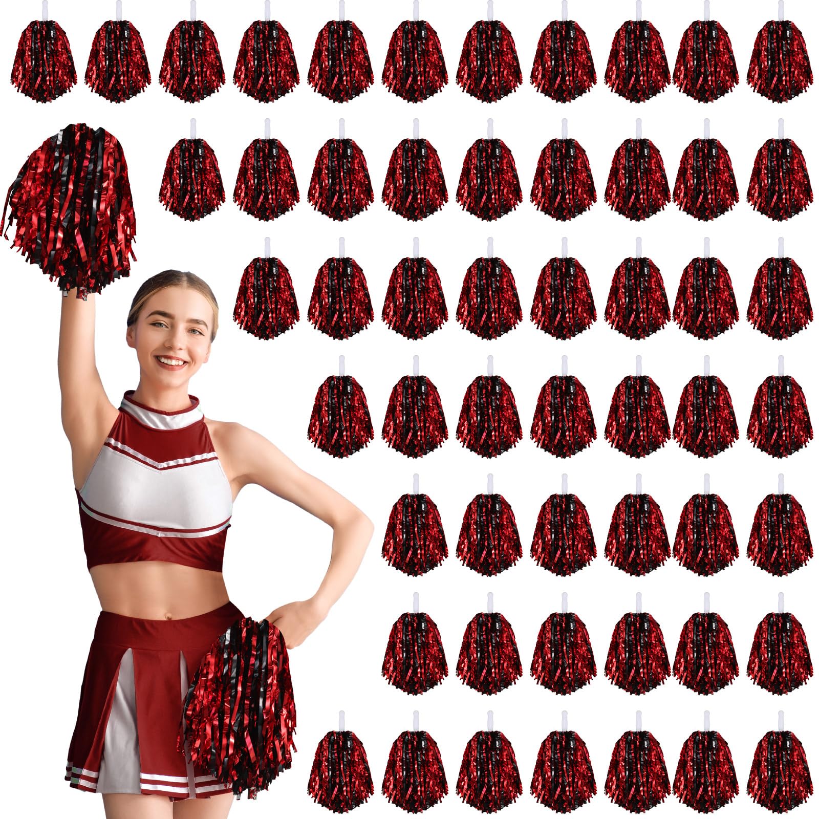 Photo 1 of Halloscume 60 Pcs Cheerleading Pom Poms Cheering Pompoms Bulk Cheer Metallic Foil Pom Poms with Baton Handle Plastic Poms Squad for Game Team Spirit Sports Dancing Basketball Club(Black, Red), 25 cm