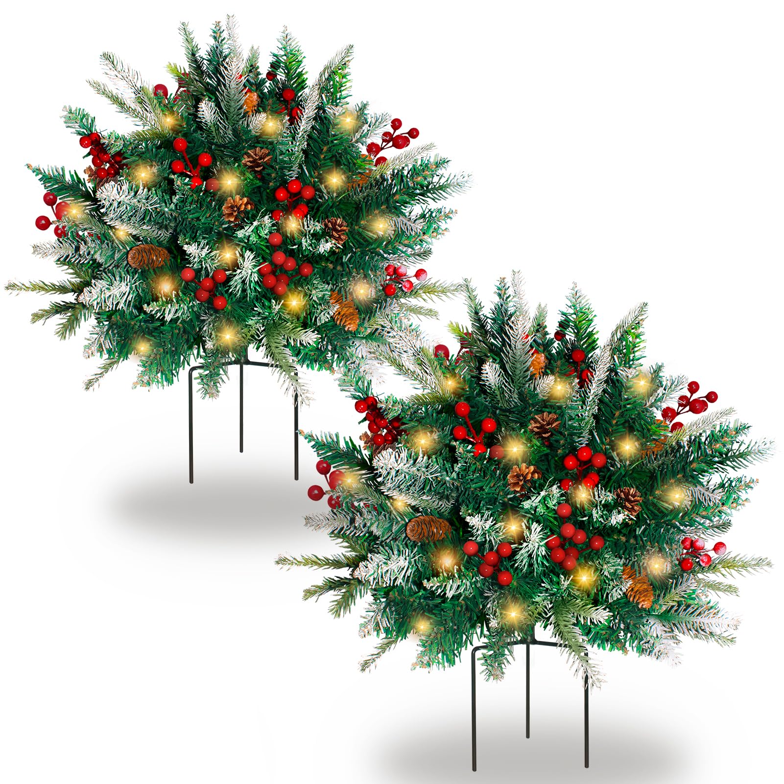 Photo 1 of 2 Pack Lighted Artificial Christmas Urn Filler, Battery Operated Pre-lit Xmas Pine Trees, Tripod Stake and 60 LED Lights, Holiday Porch Decorations for Porch, Yard, Garden, Flower Beds?Warm White?