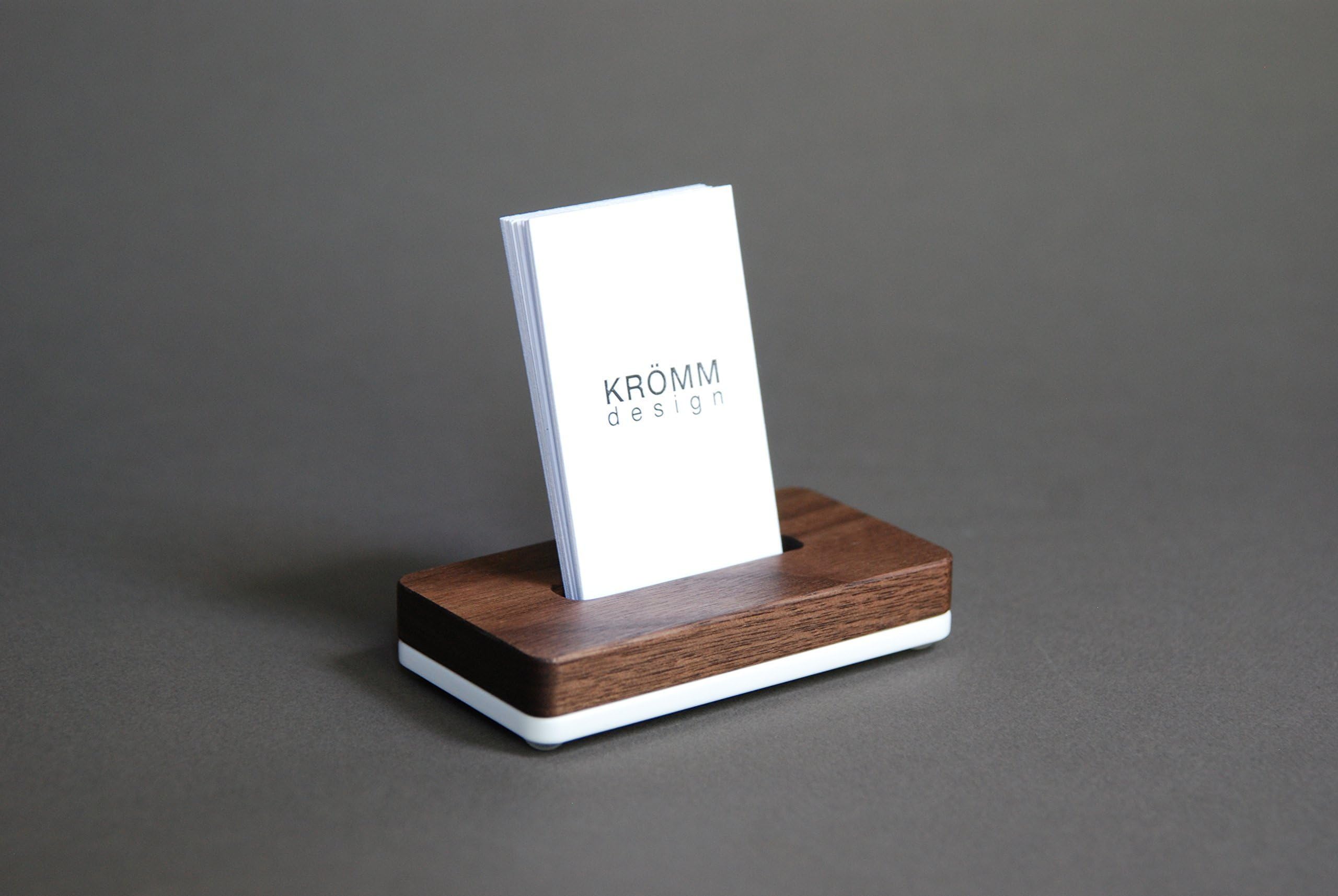 Vertical MOO Business Card Stand, Vertical Business Card Holder, Business Card Display for Vertical Business Cards, in Walnut Wood and White Acrylic